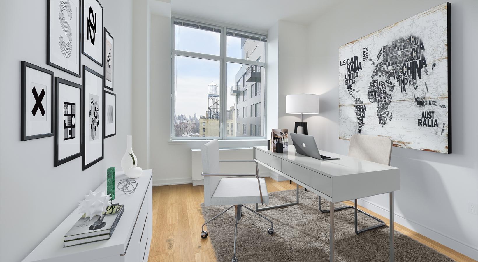 Settle into comfort at The Larstrand a room with a desk and a chair