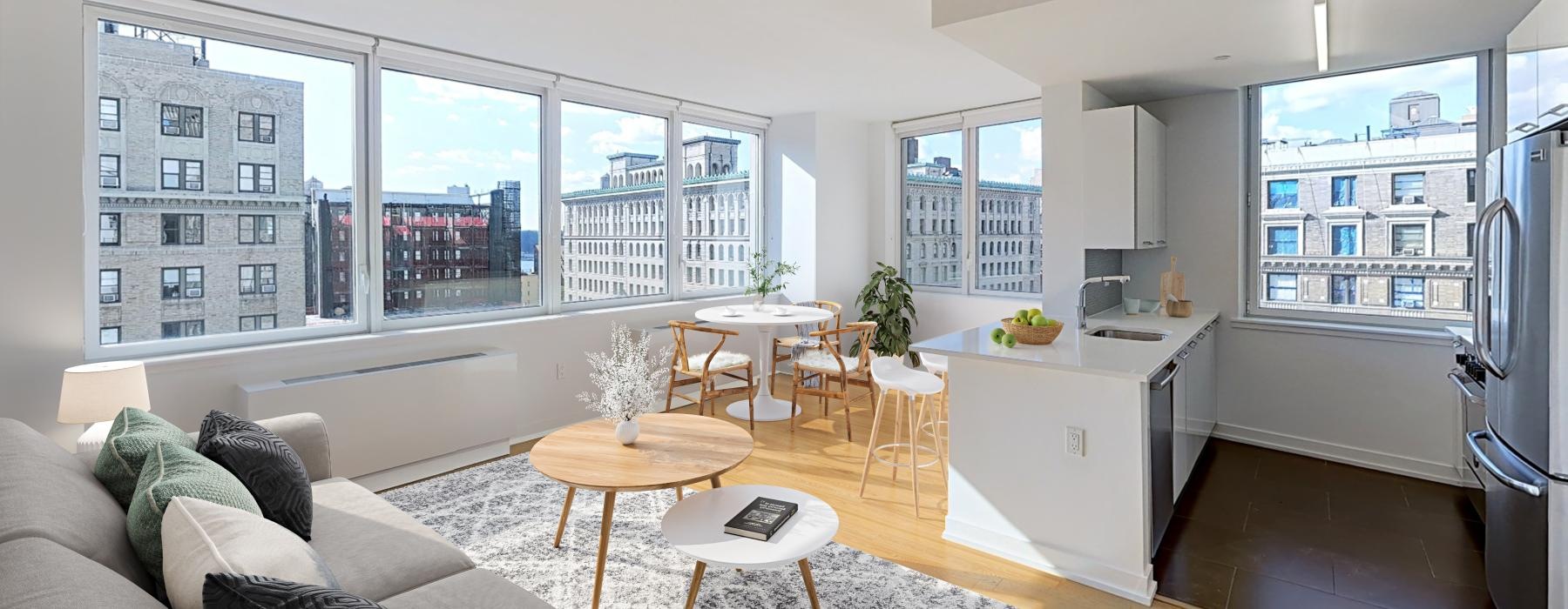a large room with a large window