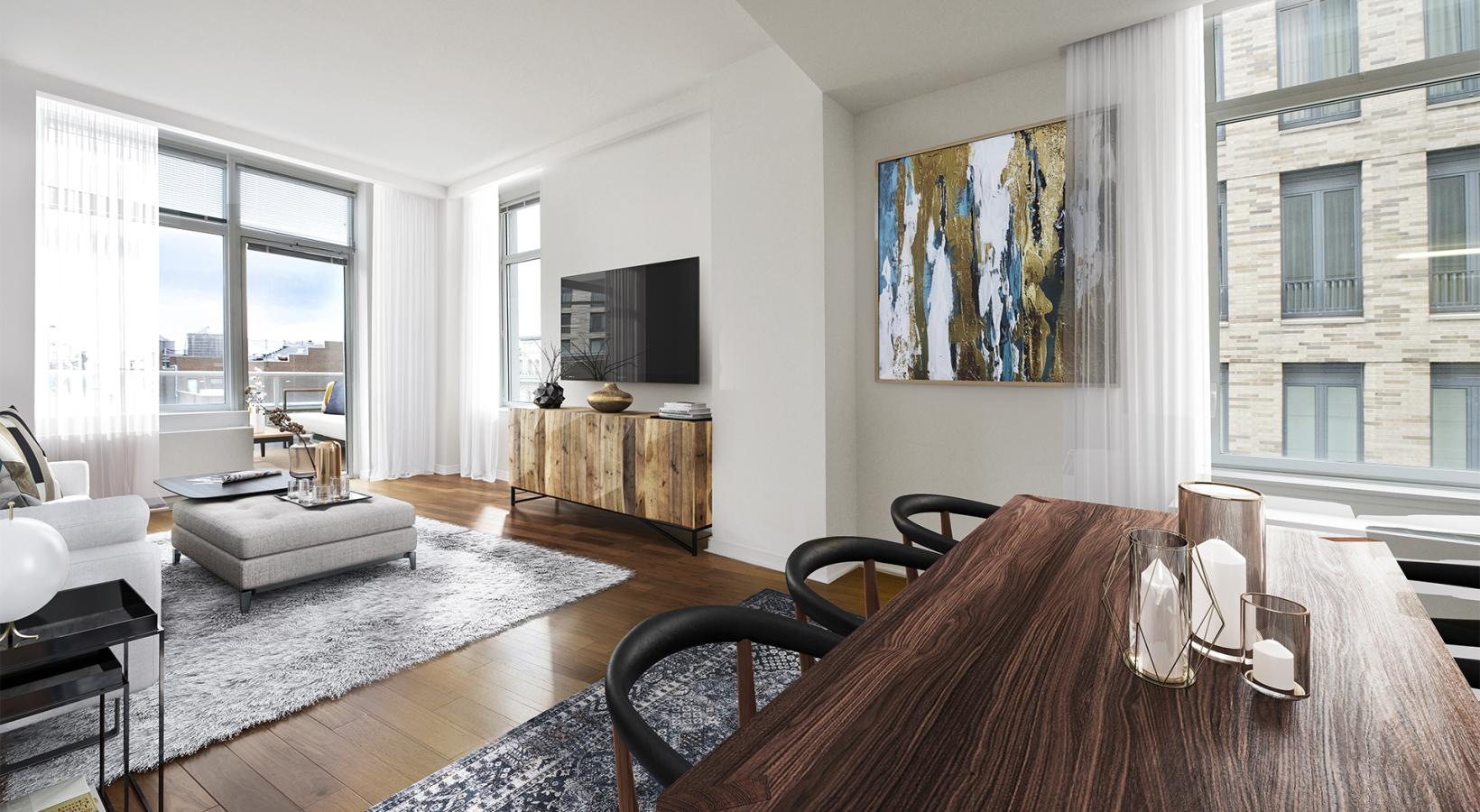 Wide open living areas flooded with natural light a dining room with a large table
